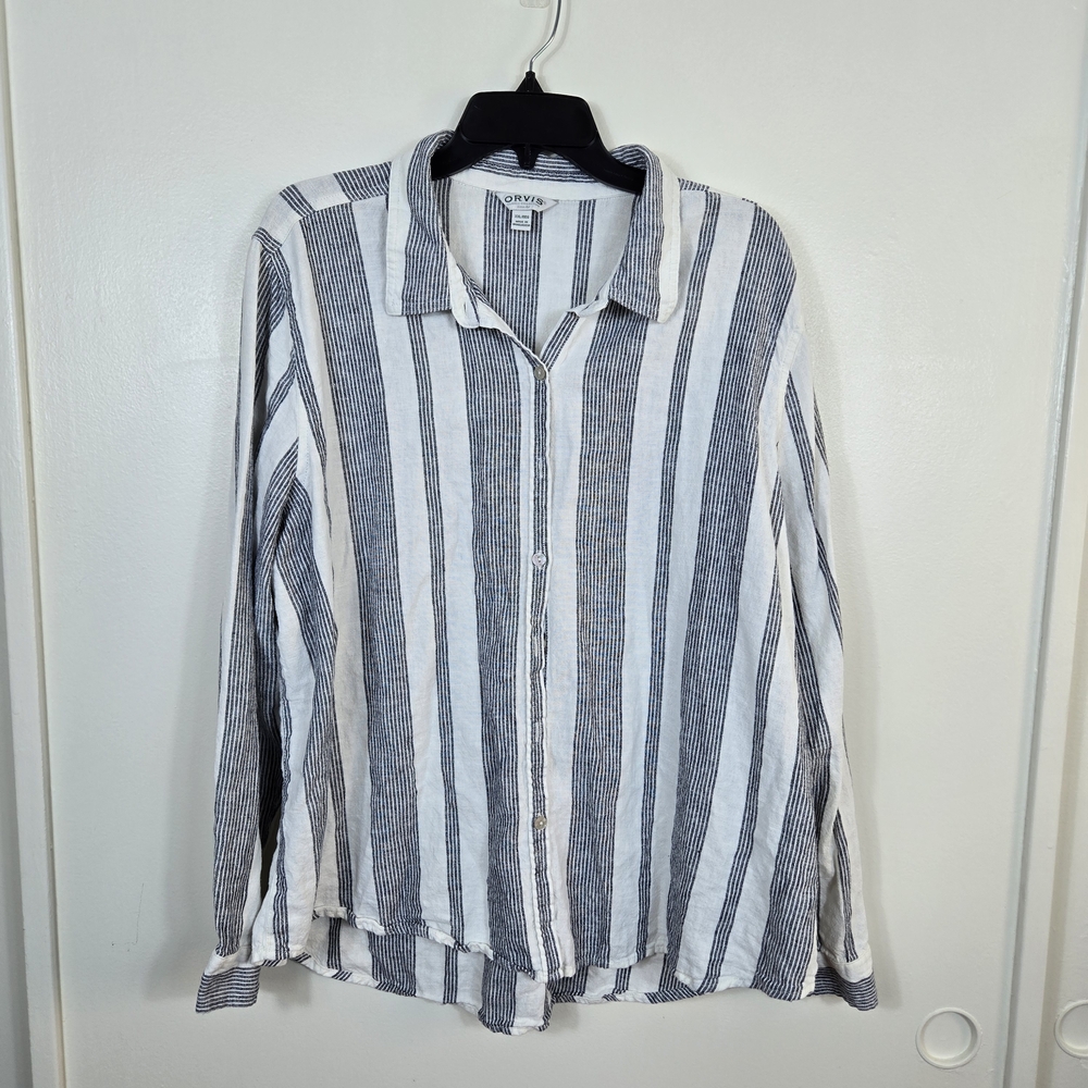 Orvis Women Navy White Striped Roll Tab Sleeve Nautical Button Shirt XXL Coastal